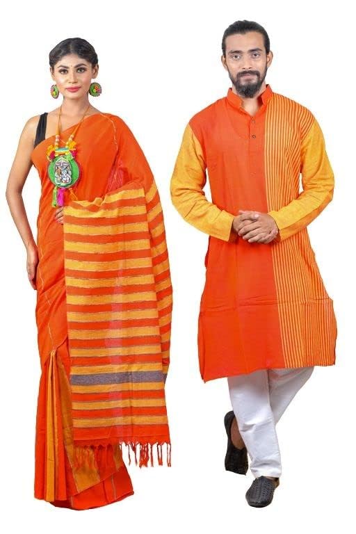 Couple Set Women's and Men's Handloom Pure Cotton Matching Combo Couple Dress Saree and Kurta