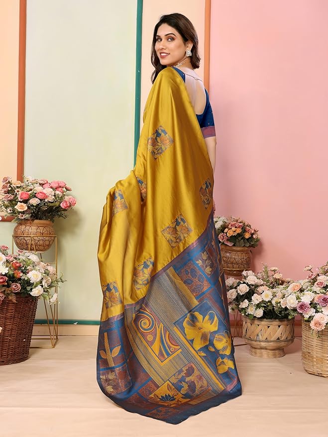 Women's Kanjivaram Banarasi Soft Silk Saree With Unstitched Blouse Piece (Silk Box Flower)