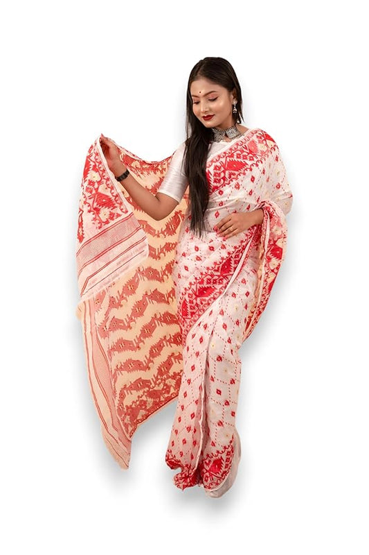Traditional Dhakai Jamdani Couple Set – Cotton Saree Without Blouse & Men’s Kurta (Red White without Dhoti)