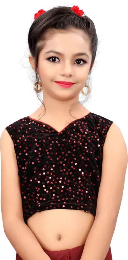 Girl's Lycra Blend Ruffle Saree and Velvet Unstitched Blouse Piece | Readymade Saree For Girls