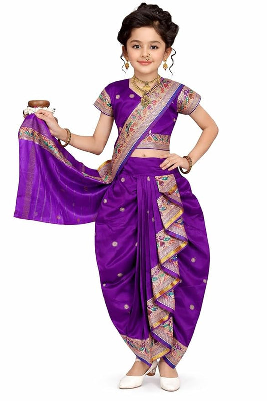 Ready to wear Traditional Turquoise Kids Nauvari Saree, Ethnic Indian Marathi Wear with Decorative Border