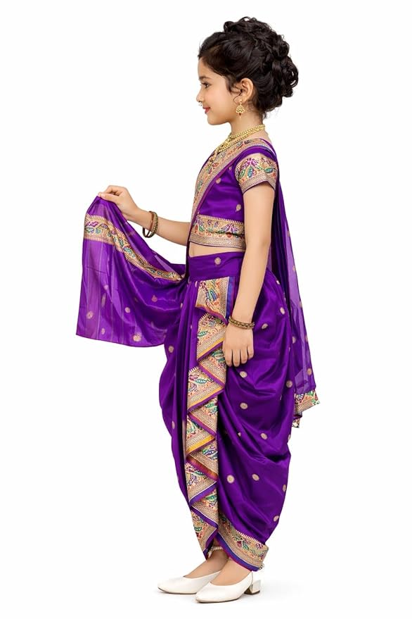 Ready to wear Traditional Turquoise Kids Nauvari Saree, Ethnic Indian Marathi Wear with Decorative Border