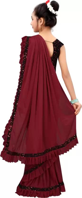 Girl's Lycra Blend Ruffle Saree and Velvet Unstitched Blouse Piece | Readymade Saree For Girls