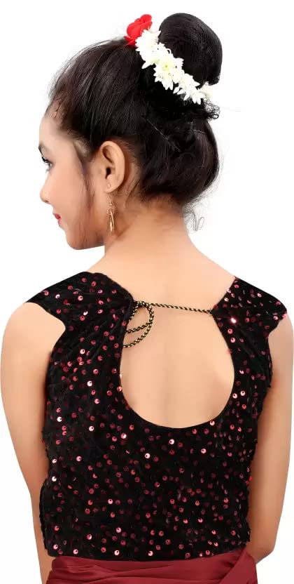 Girl's Lycra Blend Ruffle Saree and Velvet Unstitched Blouse Piece | Readymade Saree For Girls