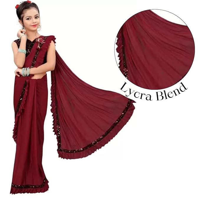 Girl's Lycra Blend Ruffle Saree and Velvet Unstitched Blouse Piece | Readymade Saree For Girls