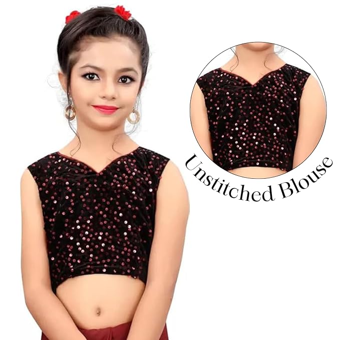 Girl's Lycra Blend Ruffle Saree and Velvet Unstitched Blouse Piece | Readymade Saree For Girls