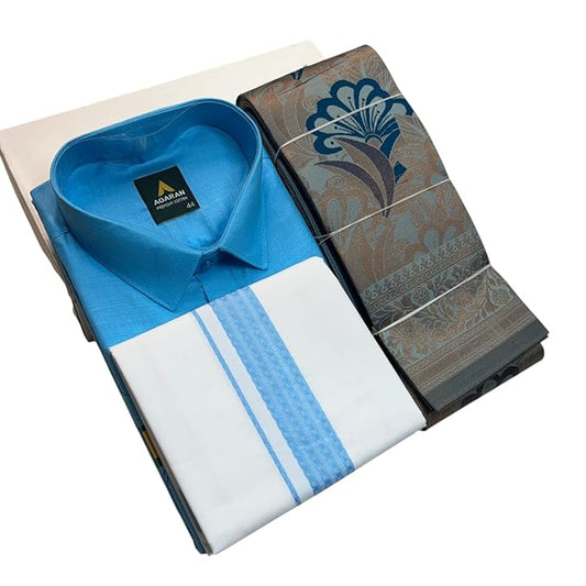 Men's Vesti Shirt and Saree Combo, Blue Shirt with White Dhoti and Floral Patterned Saree, Traditional Indian Style, Cotton Silk Blend
