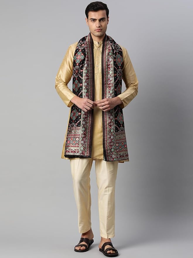 Men's Cotton Black Woven Thread With Gold Zari Thread Embroidery Unisex Dupatta