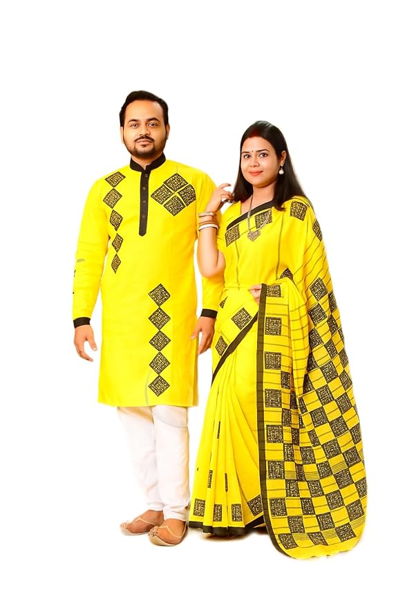 Couple Set Cotton Applique Work On Both Saree and Kurta Combo