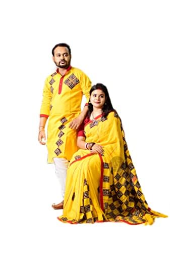 Couple Set Cotton Applique Work On Both Saree and Kurta Combo