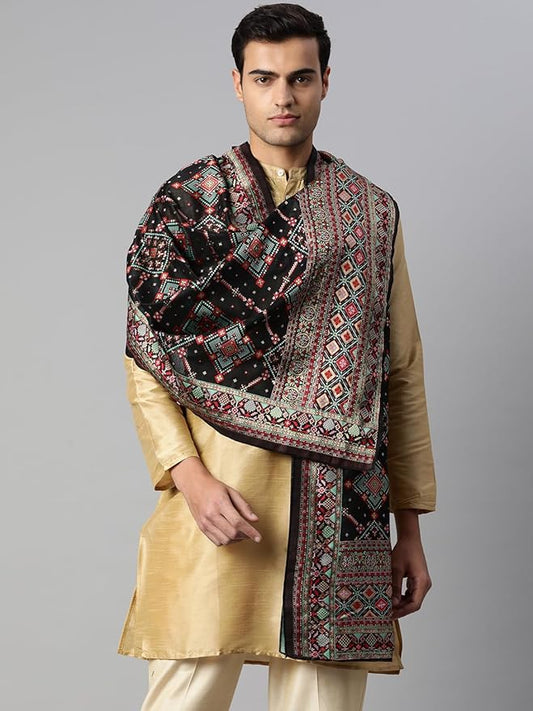 Men's Cotton Black Woven Thread With Gold Zari Thread Embroidery Unisex Dupatta