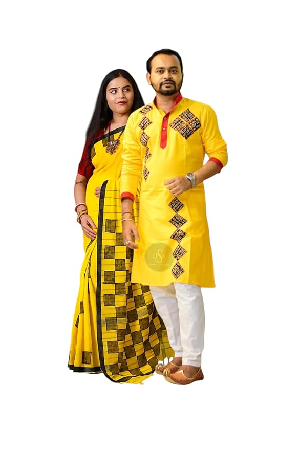 Couple Set Cotton Applique Work On Both Saree and Kurta Combo