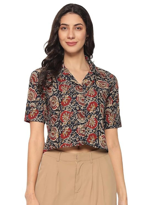 Women's Kalamkari Printed Cuban Collar Cotton Printed Crop Shirt Top, Tunics with Short Sleeves