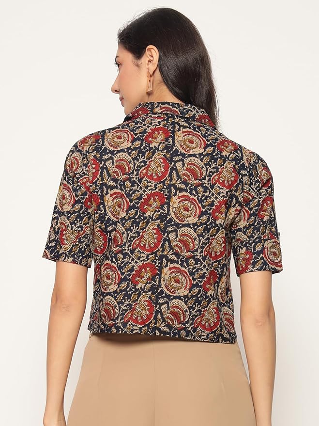 Women's Kalamkari Printed Cuban Collar Cotton Printed Crop Shirt Top, Tunics with Short Sleeves