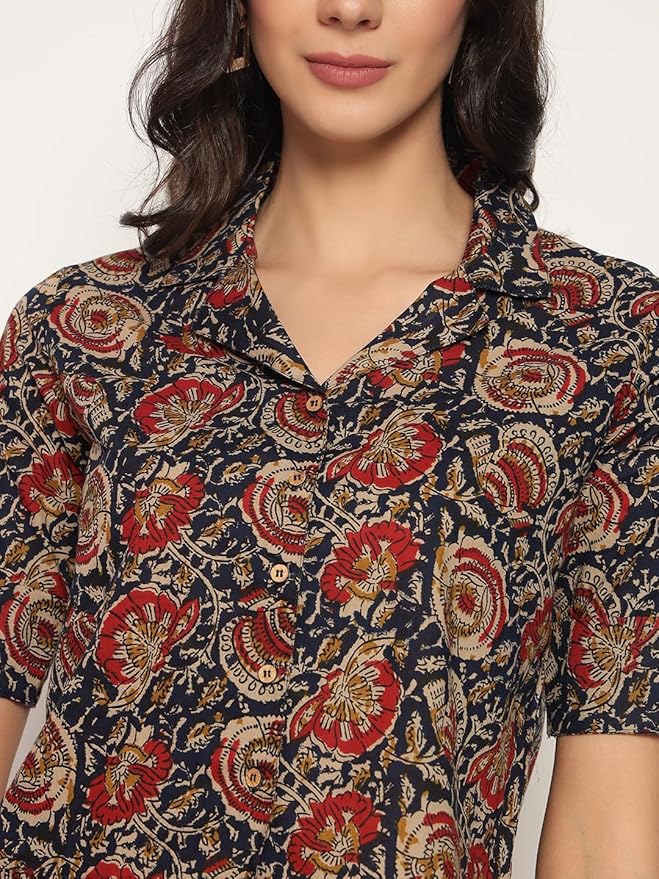 Women's Kalamkari Printed Cuban Collar Cotton Printed Crop Shirt Top, Tunics with Short Sleeves
