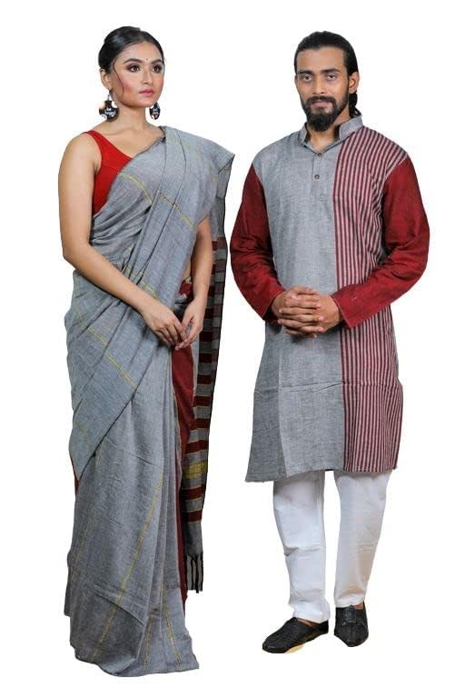Couple Set Women and Men Handloom Pure Cotton Matching Combo Couple Dress Saree and Kurta