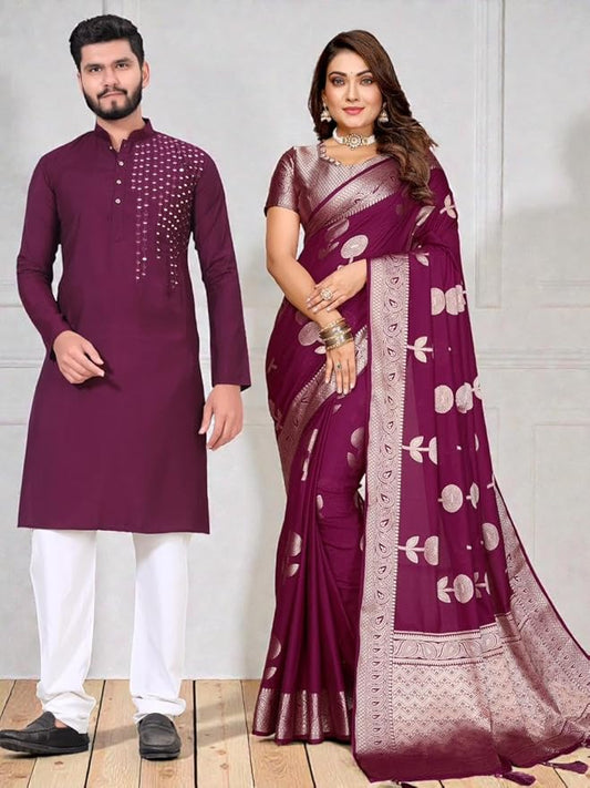 Men’s Plain Kurta & Women’s Matching Saree Set Couple Combo