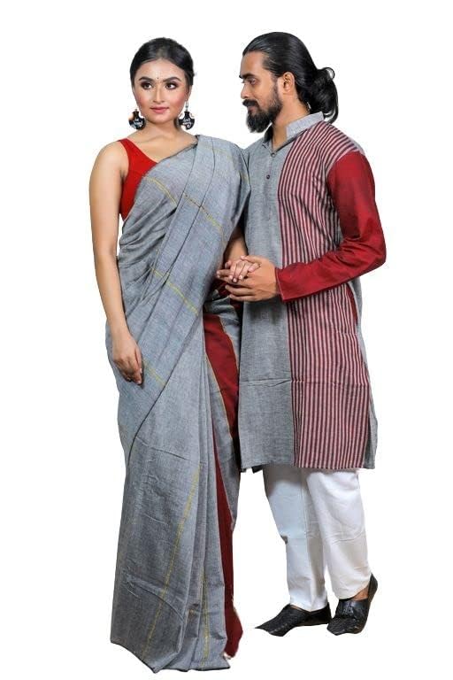 Couple Set Women and Men Handloom Pure Cotton Matching Combo Couple Dress Saree and Kurta
