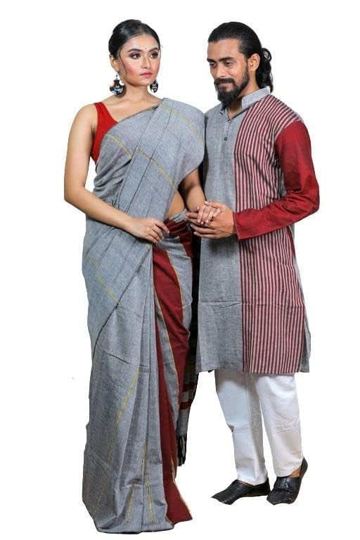 Couple Set Women and Men Handloom Pure Cotton Matching Combo Couple Dress Saree and Kurta