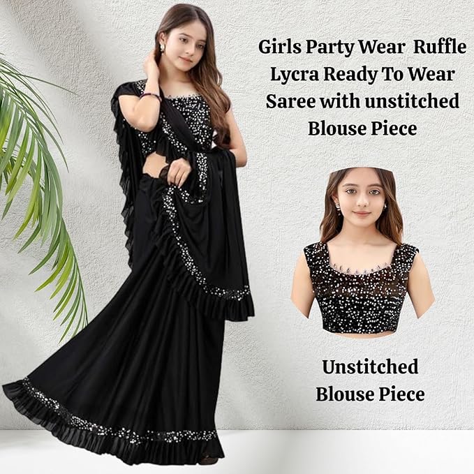 Baby Girls Lycra Blend Saree with Velvet Unstitched Blouse Piece | Readymade Saree For Girls | Sarees For Girls