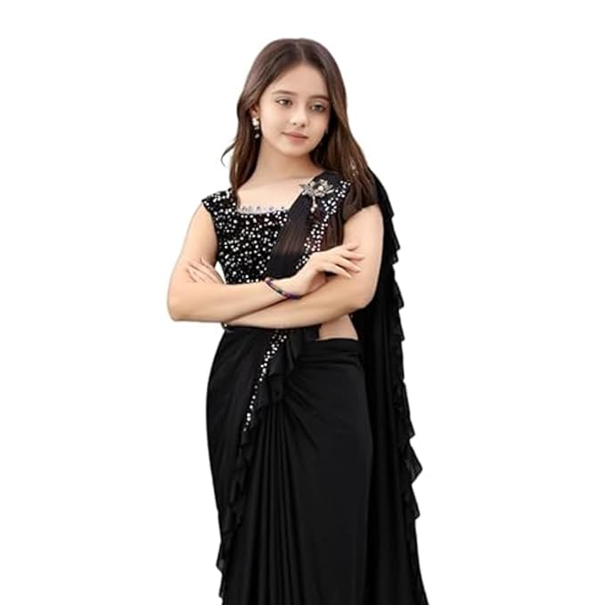 Baby Girls Lycra Blend Saree with Velvet Unstitched Blouse Piece | Readymade Saree For Girls | Sarees For Girls